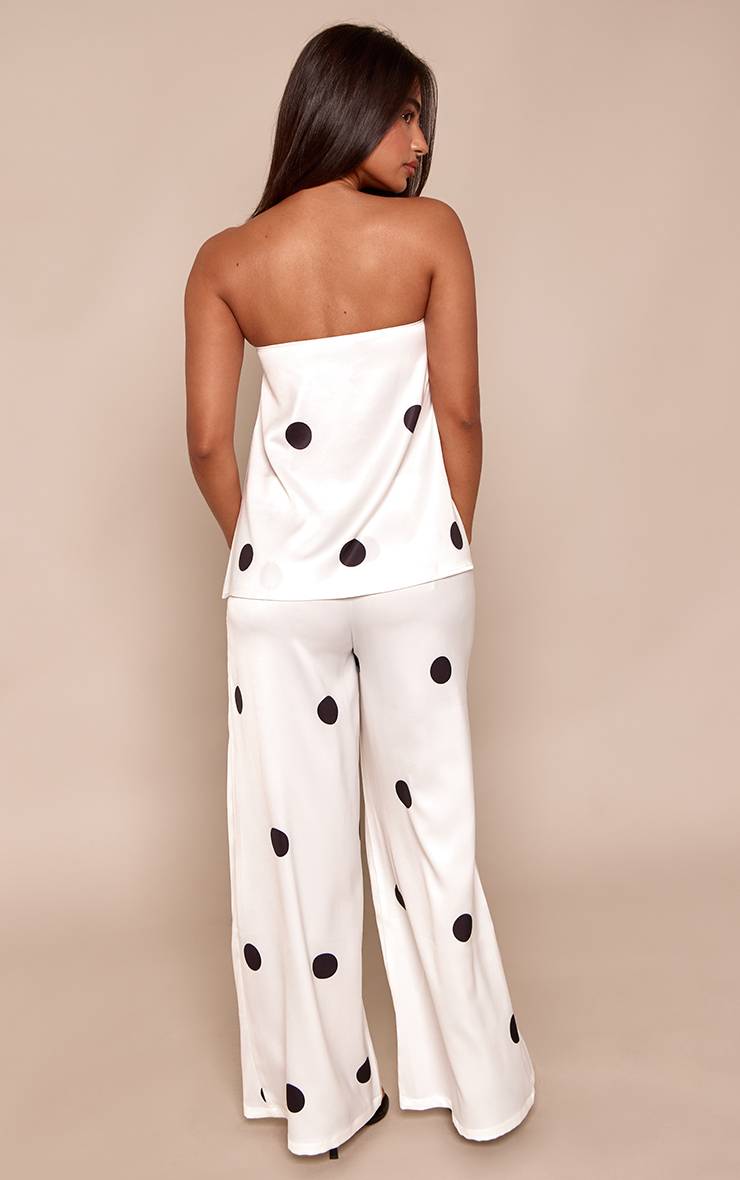 Blanc Pantalon Large Tailleur En Satin À Pois Petite Ensemble Coordonné