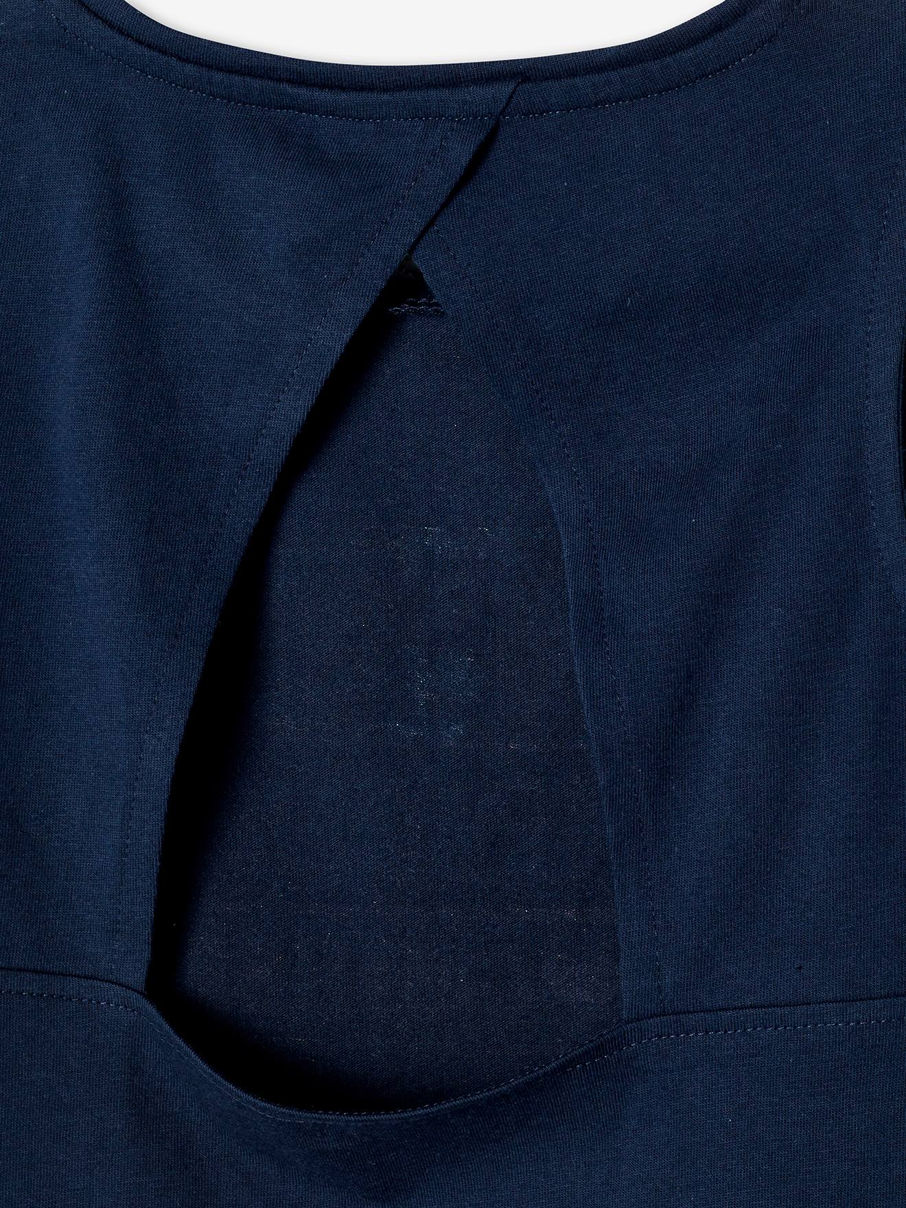 Top esportivo infantil azul escuro liso, sem mangas, com costas nadador e detalhes estampados.