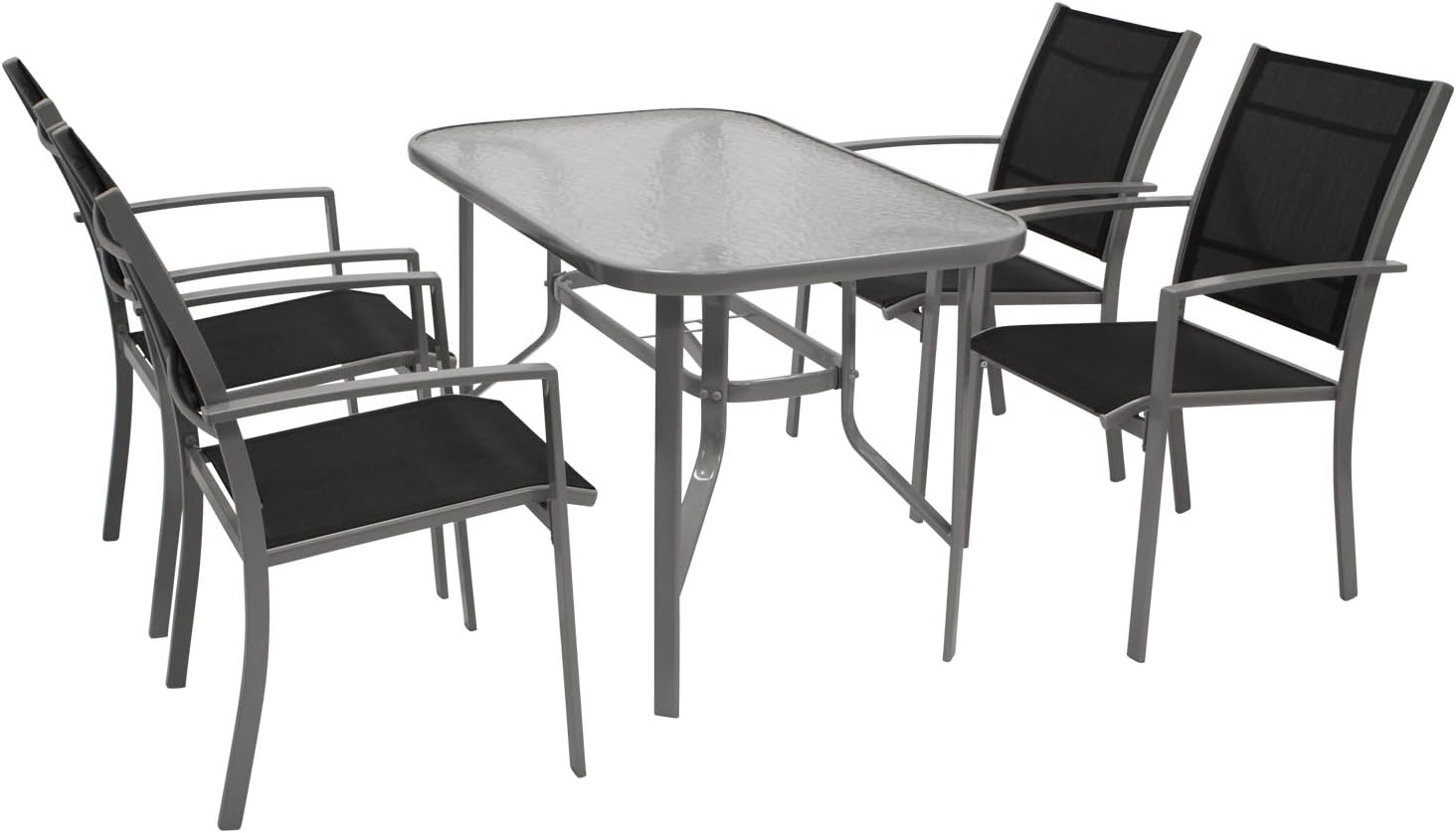DEGAMO Gartengarnitur Pino 5-teilig, 4X Stapelsessel mit Stahlgestell und Kunstgewebebespannung 2 * 1 schwarz, 1x Tisch 70x120cm mit Stahlgestell und Glasplatte