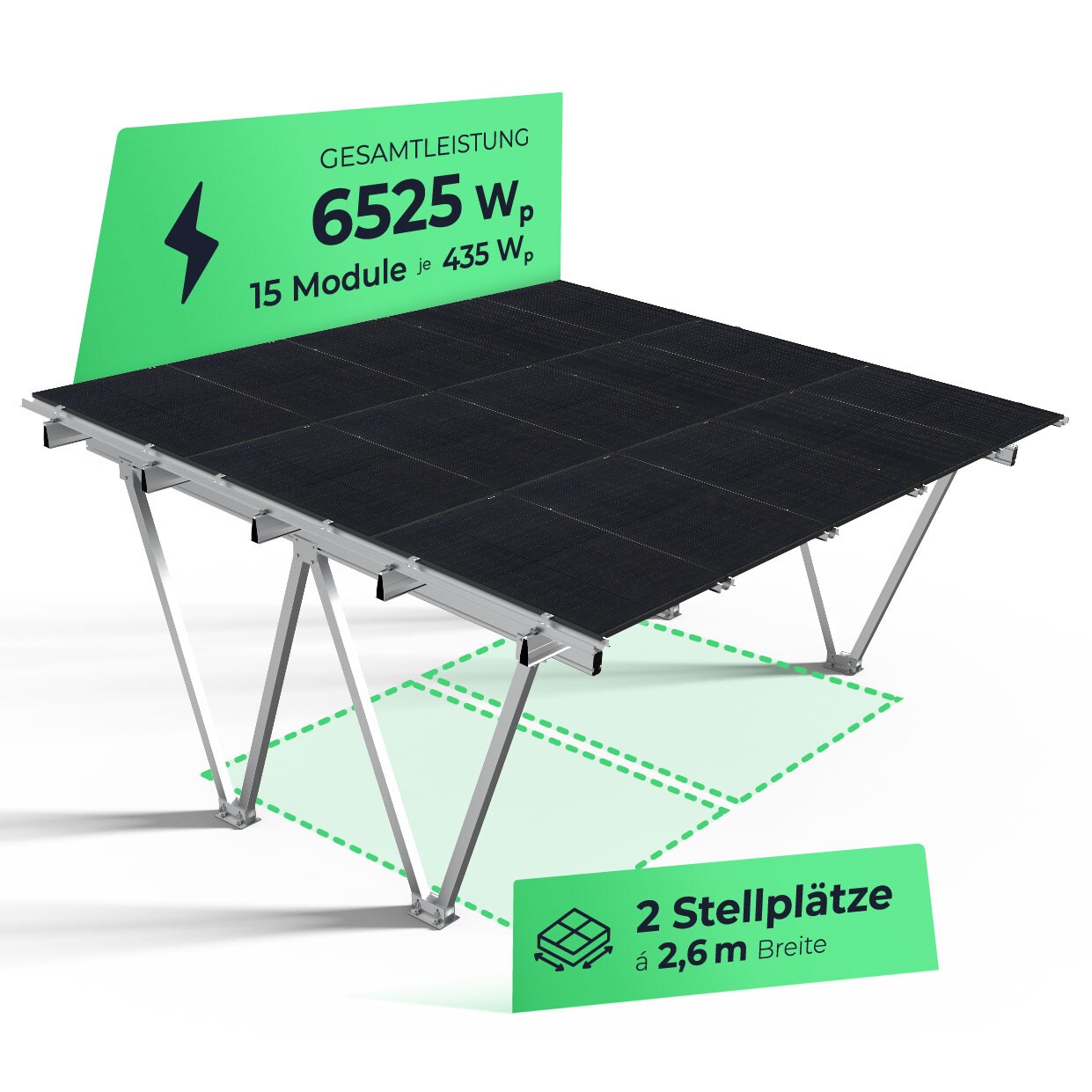 Solarway Double PKW Solar-Carport Gestell 6500 Watt - inkl. 15 Solarpanels und Regenrinne - Dach versiegelt wasserdicht