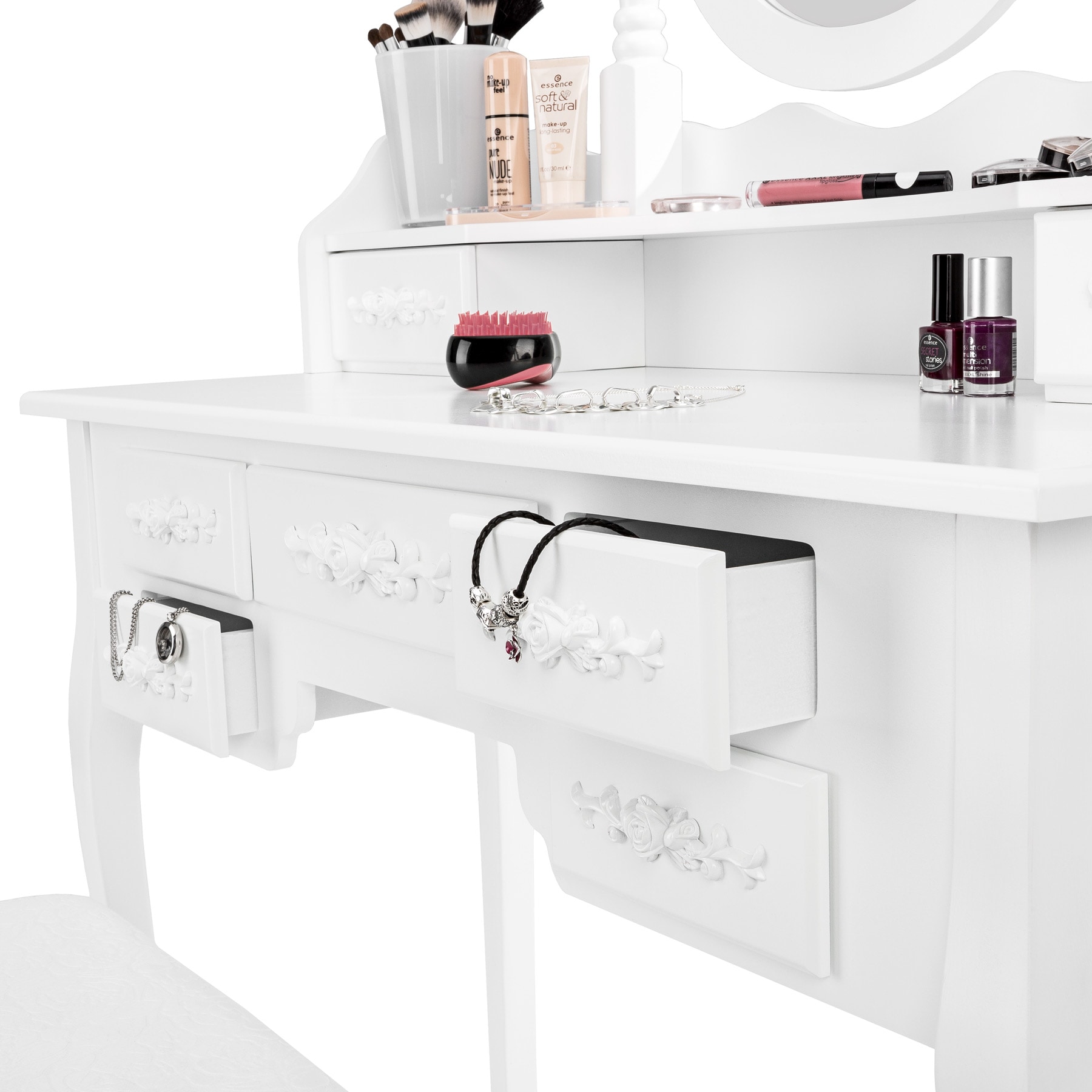 tectake® Schminktisch, im Antik-Look, mit gepolstertem Hocker, 7 Schubladen, 90 x 40 x 145 cm