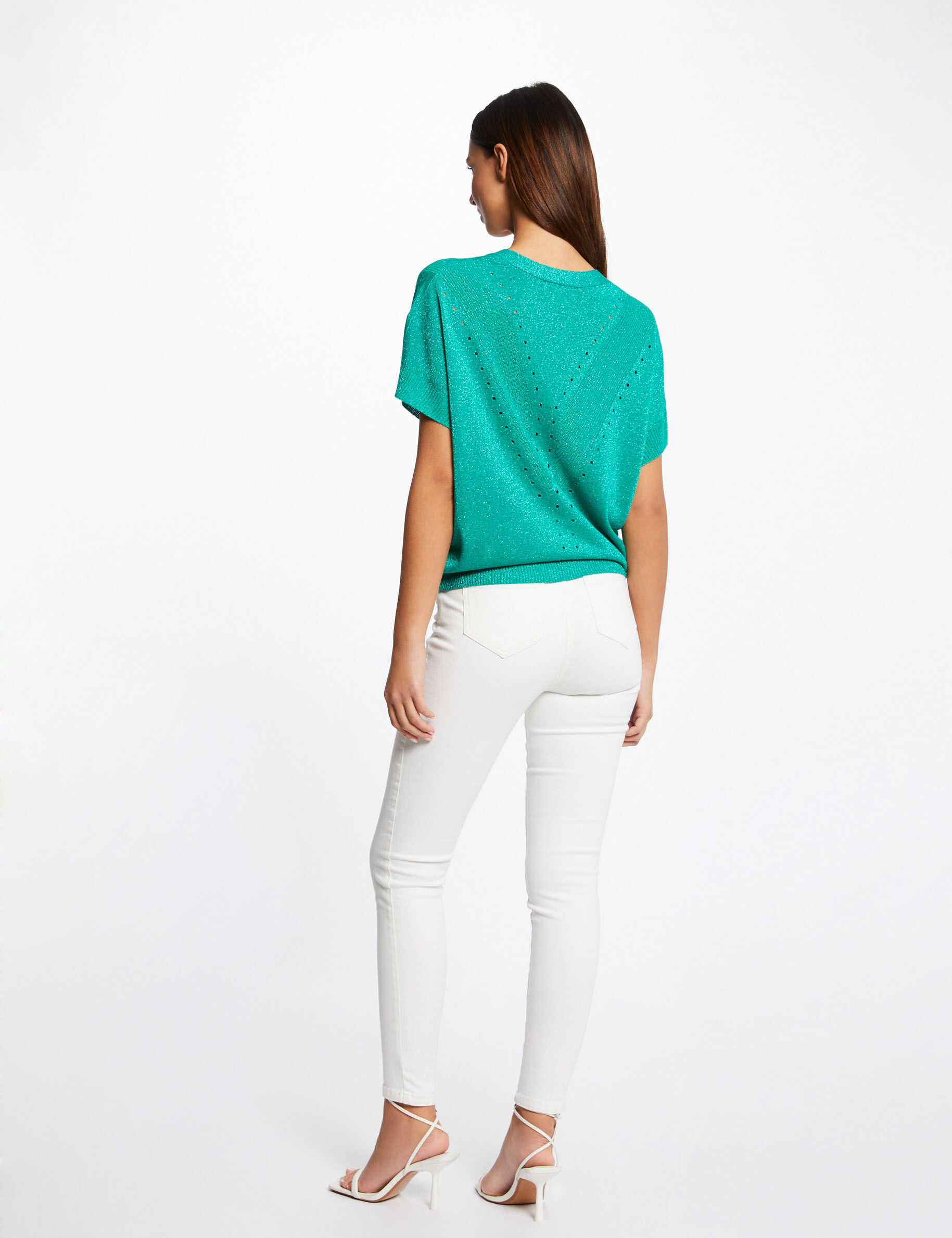 Pull manches courtes à col en V vert clair femme - vert_clair