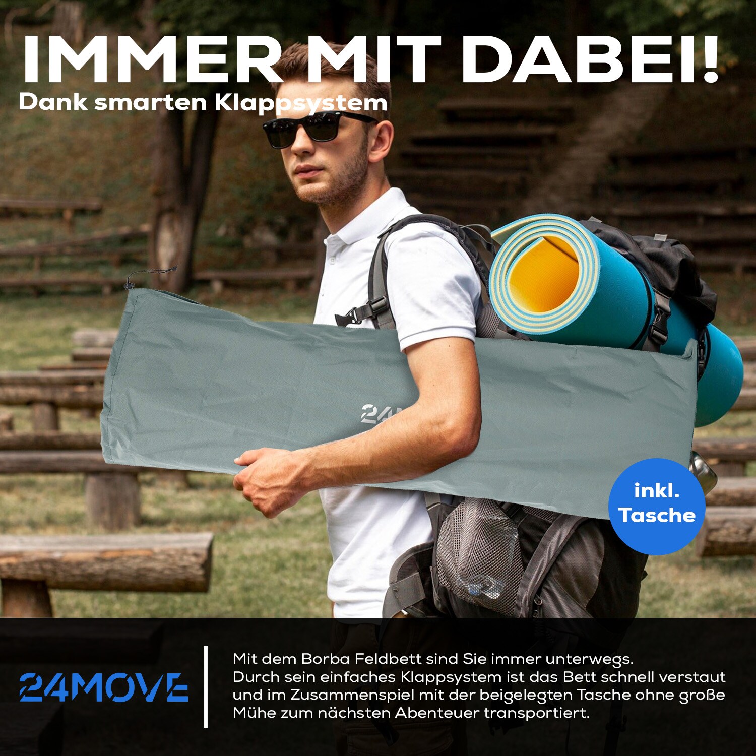 24MOVE® Feldbett Campingbett bis 150 kg In-und Outdoor Camping faltbar mit Seitentasche und Kissen