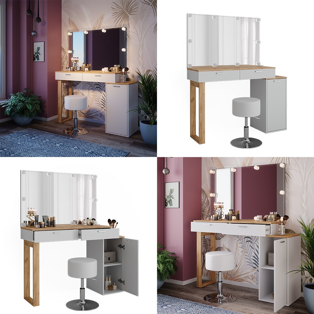 Vicco Schminktisch Regina Weiß Eiche 130 cm mit Beleuchtung und Hocker