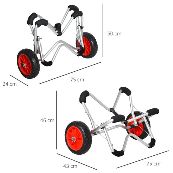 Kajakkvogn, Aluminiumsbåtvogn, Sammenleggbar, Transportvogn Med Pu-Dekk, Sølv, Opptil 75 Kg, 75X43X46 Cm
