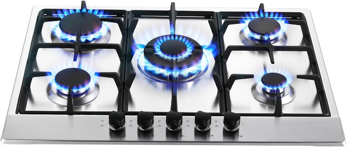 SNDOAS Plaque de Cuisson Gaz 5 Feux, Plaque Gaz avec Panneau en Acier Inoxydable, Sécurité Thermocouple, Convient pour le Gaz Naturel/Propane, 68cm, 1