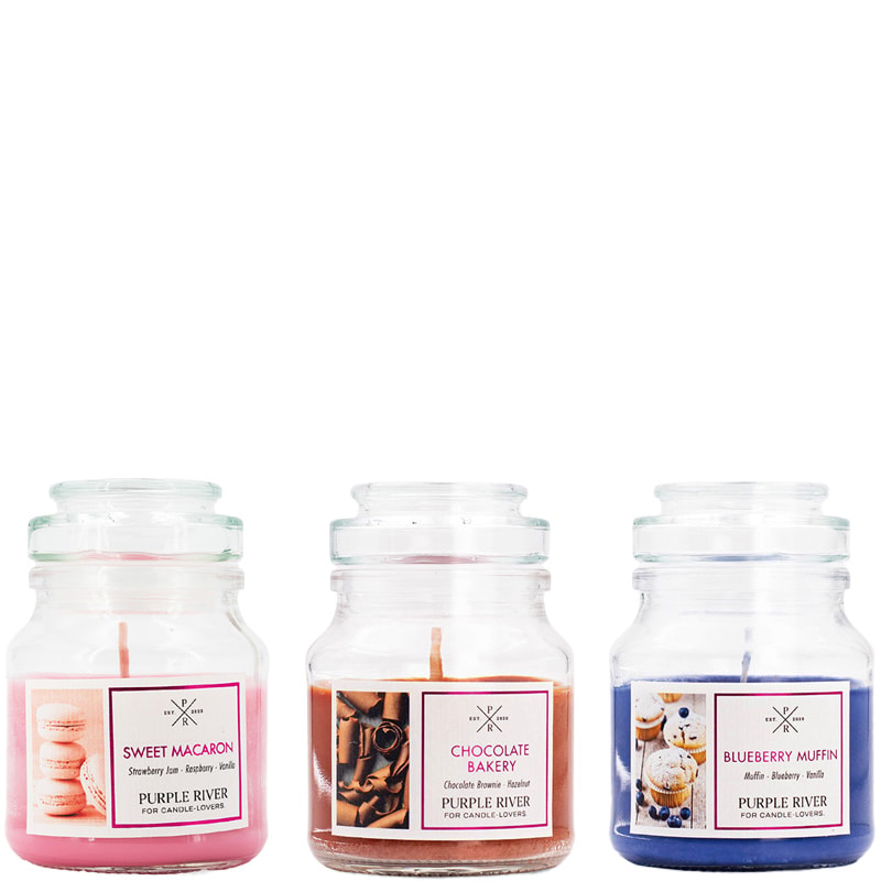 Set bougies parfumées - Sweet Macaron, Chocolate Bakery, Blueberry Muffin - 3 x 113 g