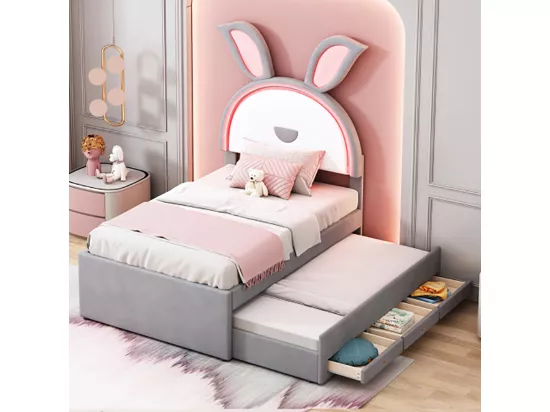 Lit gigogne enfant 90 x 200 cm velours canapé-lit avec lit gigogne tiroir de rangement et lumière LED gris