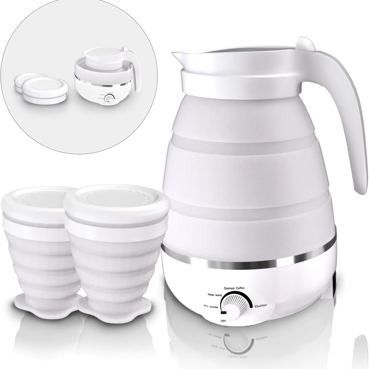 Bouilloire électrique pliable de 0,6L et 2 tasses pliables blanc Vendo