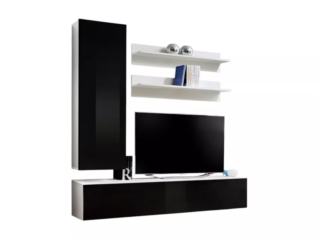 Meuble TV FLY G3 design, coloris blanc et noir brillant. Meuble suspendu moderne et tendance pour votre salon.