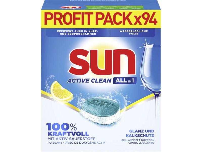 SUN Maschinenspülmittel All-in-1 Active Clean Lemon 94 Tabs Geschirrspülmittel für sauberes und glänzendes Geschirr