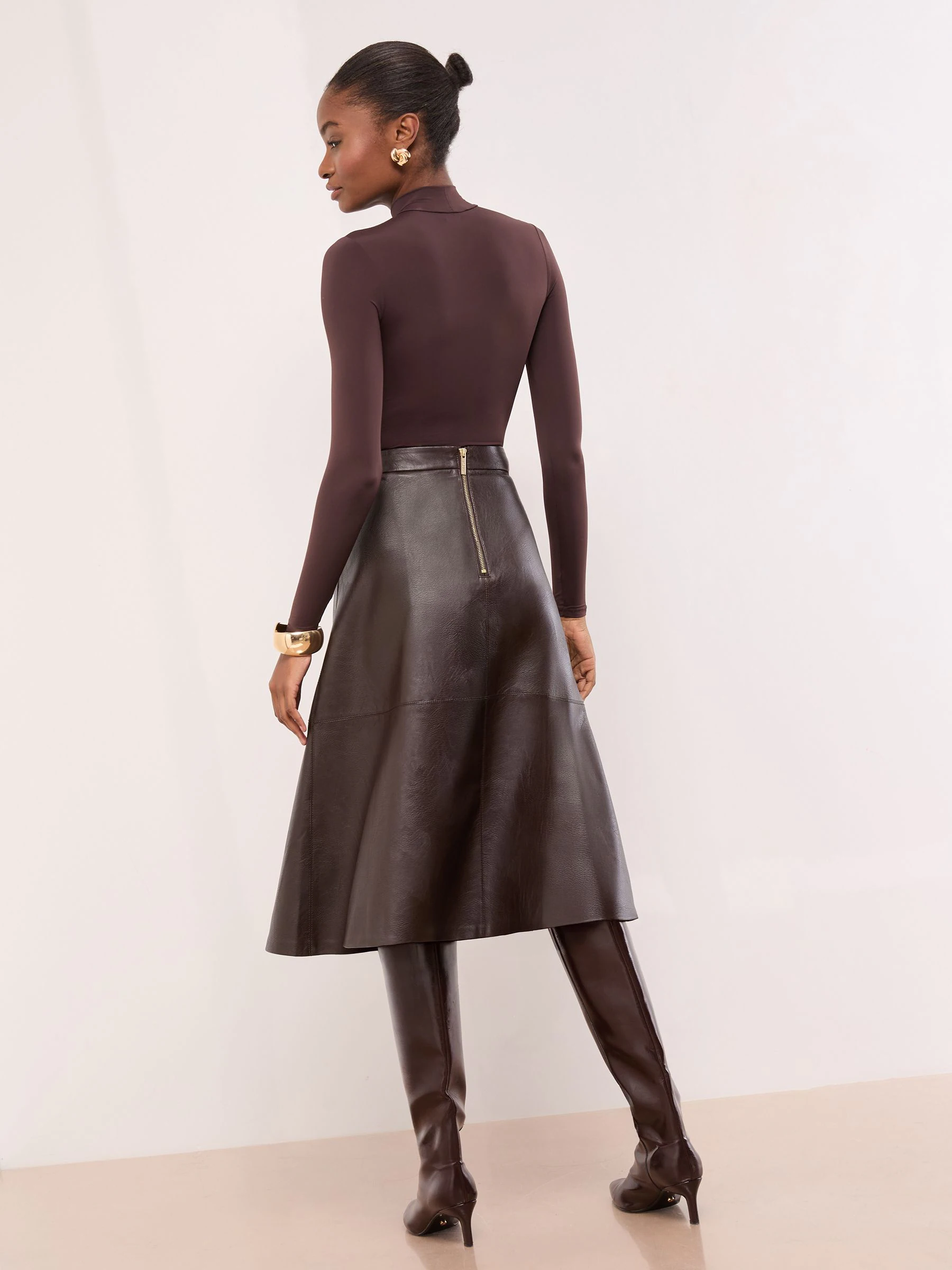 Chocolate Brown Faux Leather - Lipsy Textured Fit and Flared Midi Skirt