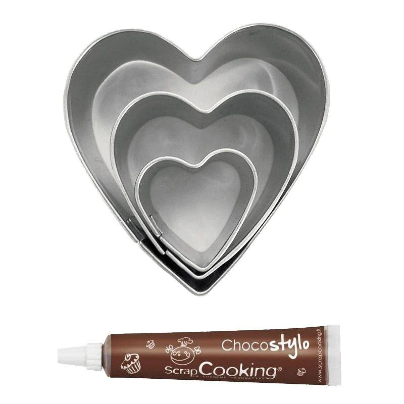 Stylo chocolat + 3 mini emporte-pièces inox Coeurs Youdoit