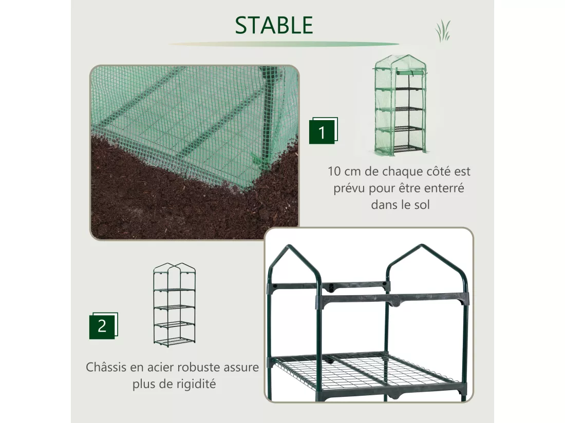 Serre de jardin balcon étagère serre 4 niveaux 0,7L x 0,5l x 1,6H m acier galvanisé bâche amovible PE haute densité vert