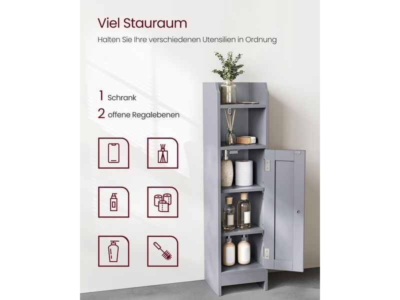 VASAGLE Badezimmer-Schrank 18 x 80 cm, Grau Schmaler Schrank für das Badezimmer mit Tür und 2 Ablagen