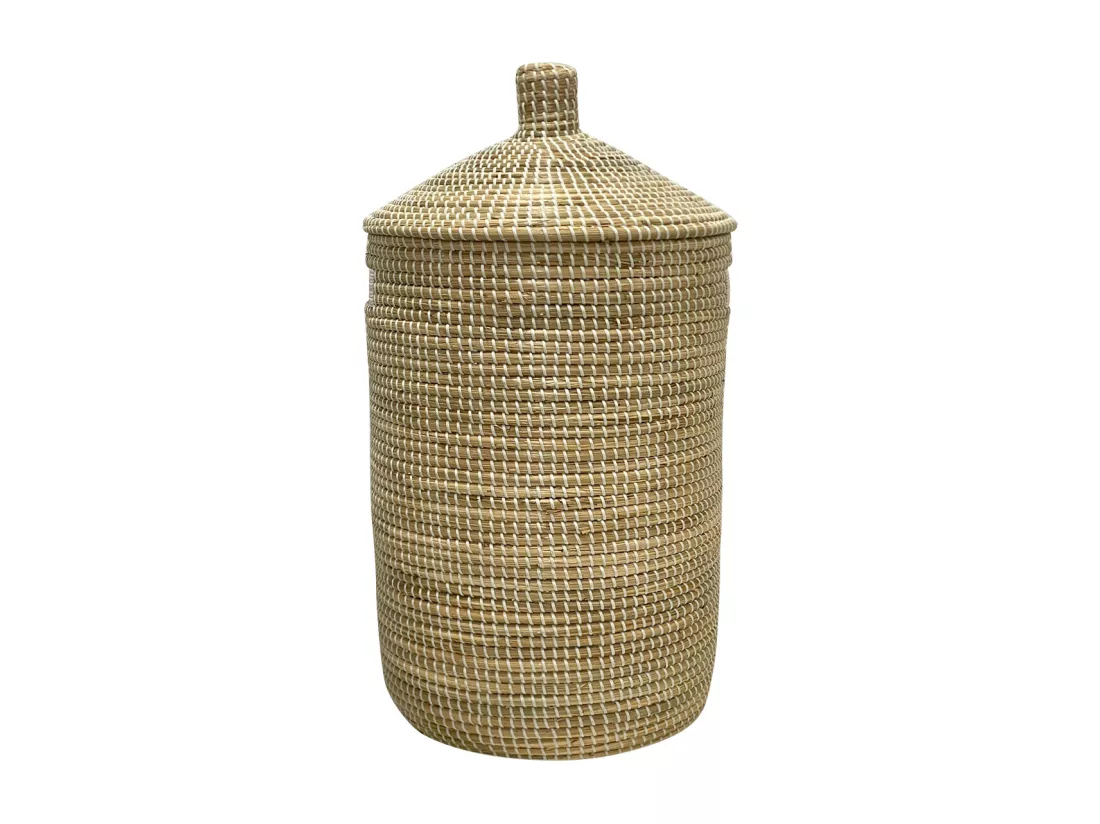 Panier en jonc de mer avec couvercle - D. 39 x H.71 - Naturel - JUVAMI