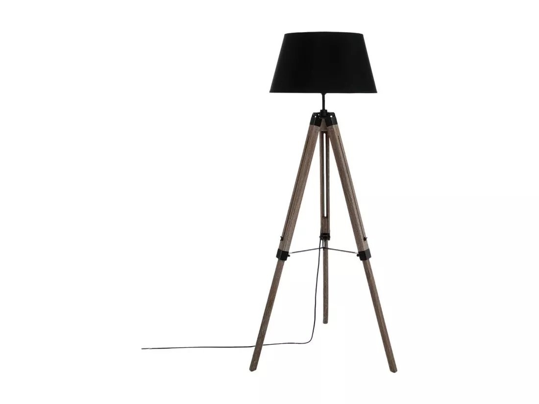 Lampadaire Trépied en Bois et Abat-jour Noir H 145 cm