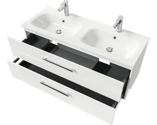 Pelipal Sunline 121 badkamermeubelset (B x H x D): 121 x 50 x 46 cm, fronten in hoogglans wit, met dubbele wastafel en badmeubel van mineraalglas