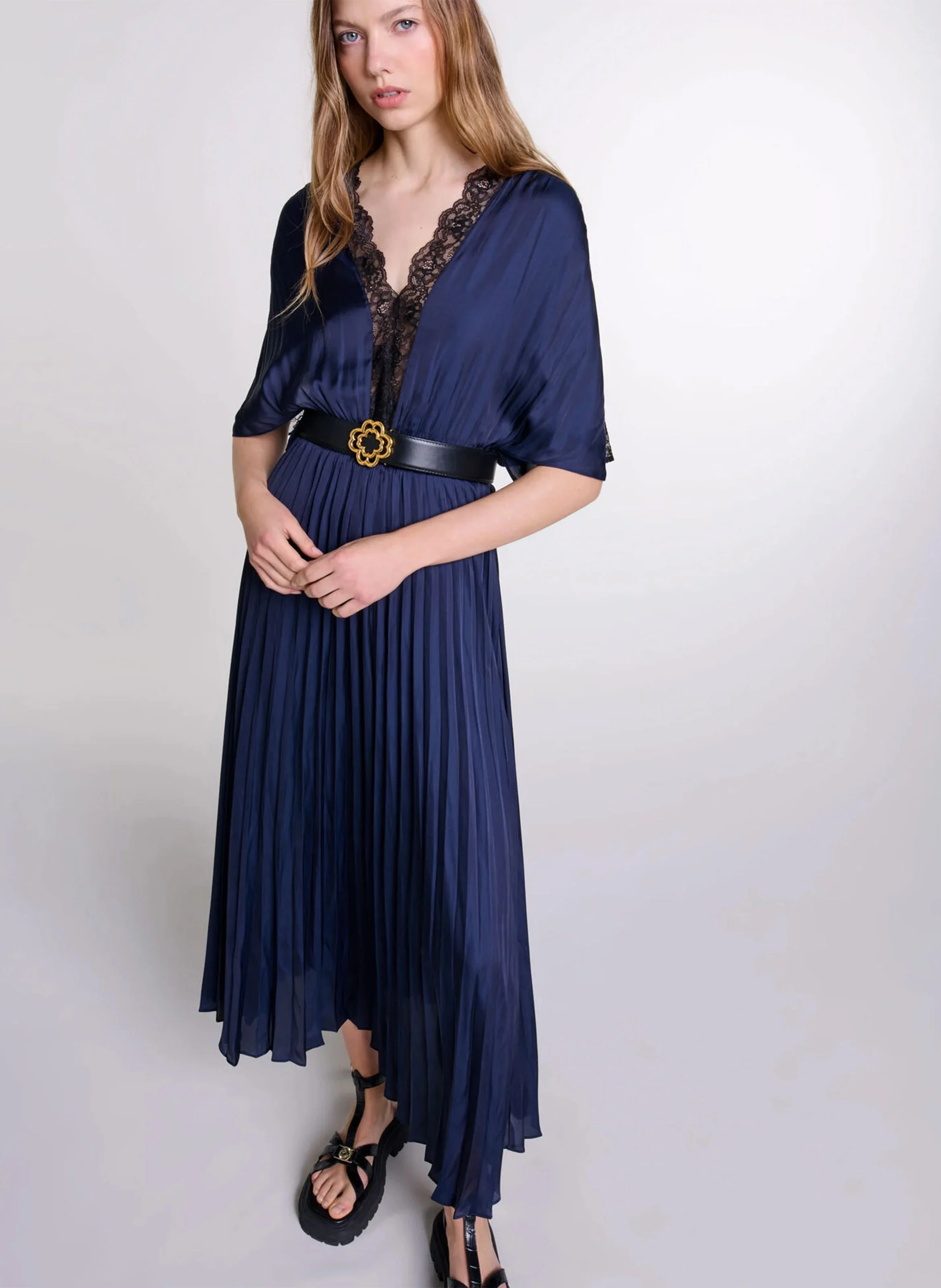 Robe longue col V satinée | Bleu