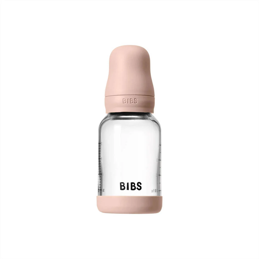 BIBS Glazen Babyfles - 120 ml - Blush - met silicone speen en opvouwbare trechtertje