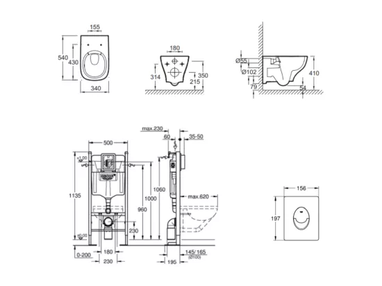 Pack WC suspendu sans bride JACOB DELAFON Struktura + Bati-support GROHE + plaque Start chrome + porte-balai + porte-rouleau rond