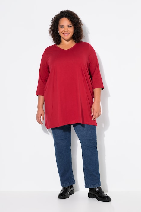 Longshirt, Ziernähte, A-Linie, V-Ausschnitt, 3/4-Arm