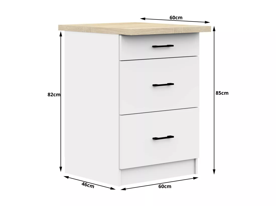 Armoires de cuisine basse AKORD S60 OLIWIA Blanc 60 cm 3 tiroirs façade Blanche 60x46x85 cm