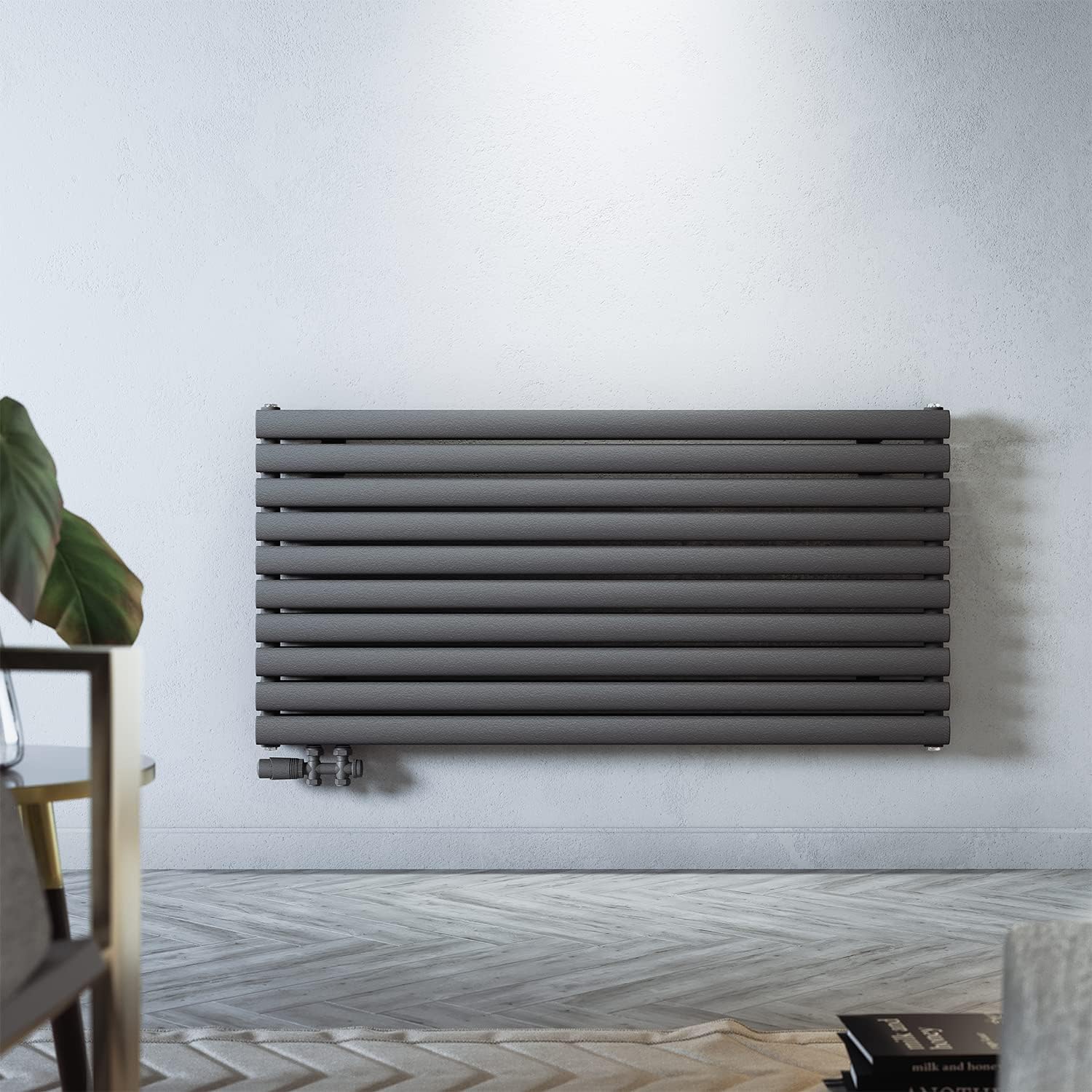 SONNI Design Heizkörper mit Multiblock 593x1200mm Anthrazit Doppellagig Horizontal Paneelheizkörper Seitenanschluss Badheizkörper
