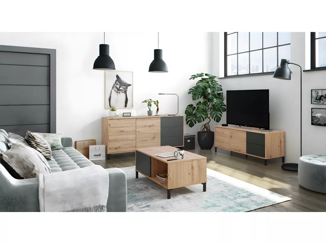 Buffet meuble de rangement en mélamine coloris Chêne gris anthracite - Hauteur 74 x Longueur 154 x Profondeur 41 cm