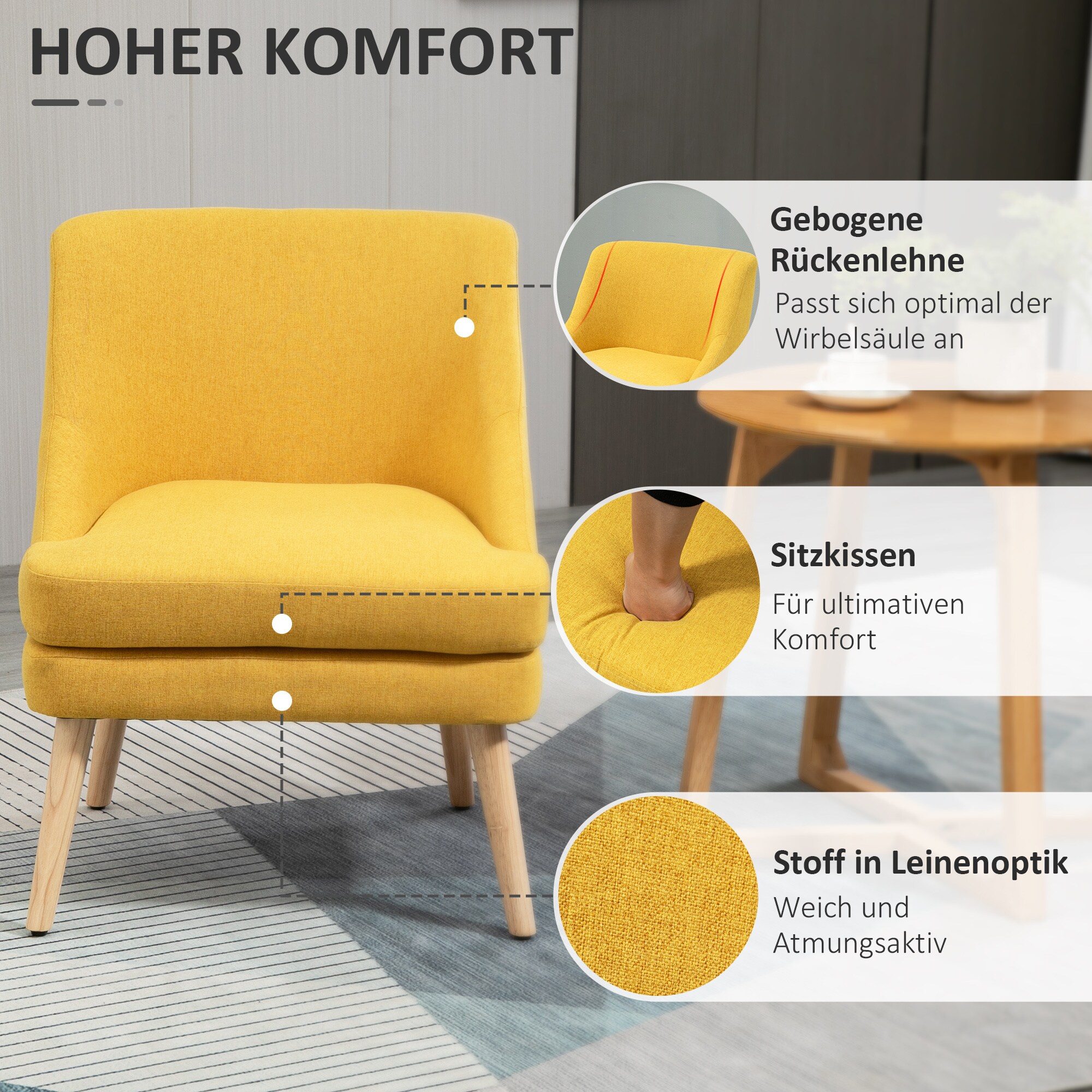 HOMCOM Esszimmerstuhl mit Polsterung gelb 69L x 63B x 79,5H cm