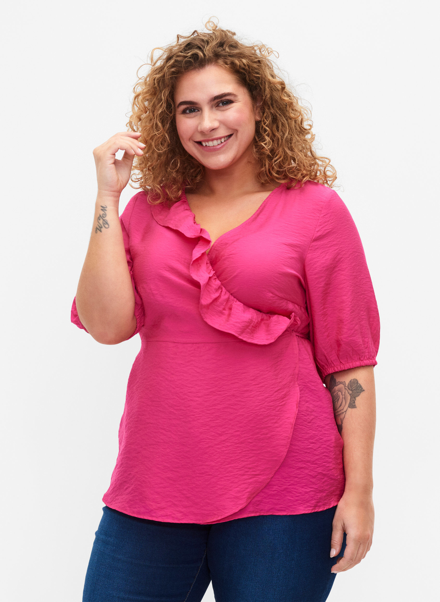 Wrap bluse i viskose med 1/2 ærmer