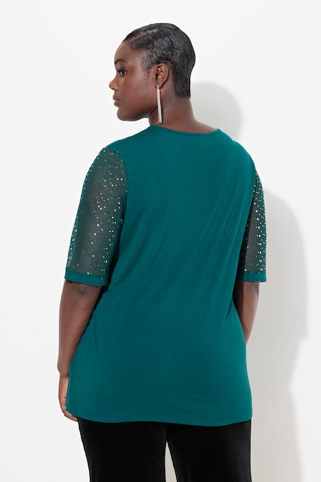 T-Shirt, Classic Fit, Mesh mit Pailletten, Jersey-Unterlage