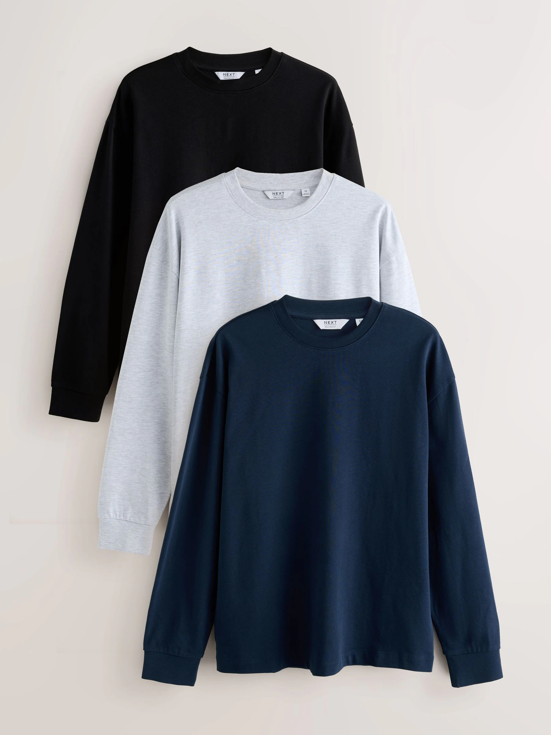 Zwart / grijs gemêleerd / marineblauw - Set van 3 ruimvallende, zwaargewicht 100% katoenen T-Shirts met lange mouwen