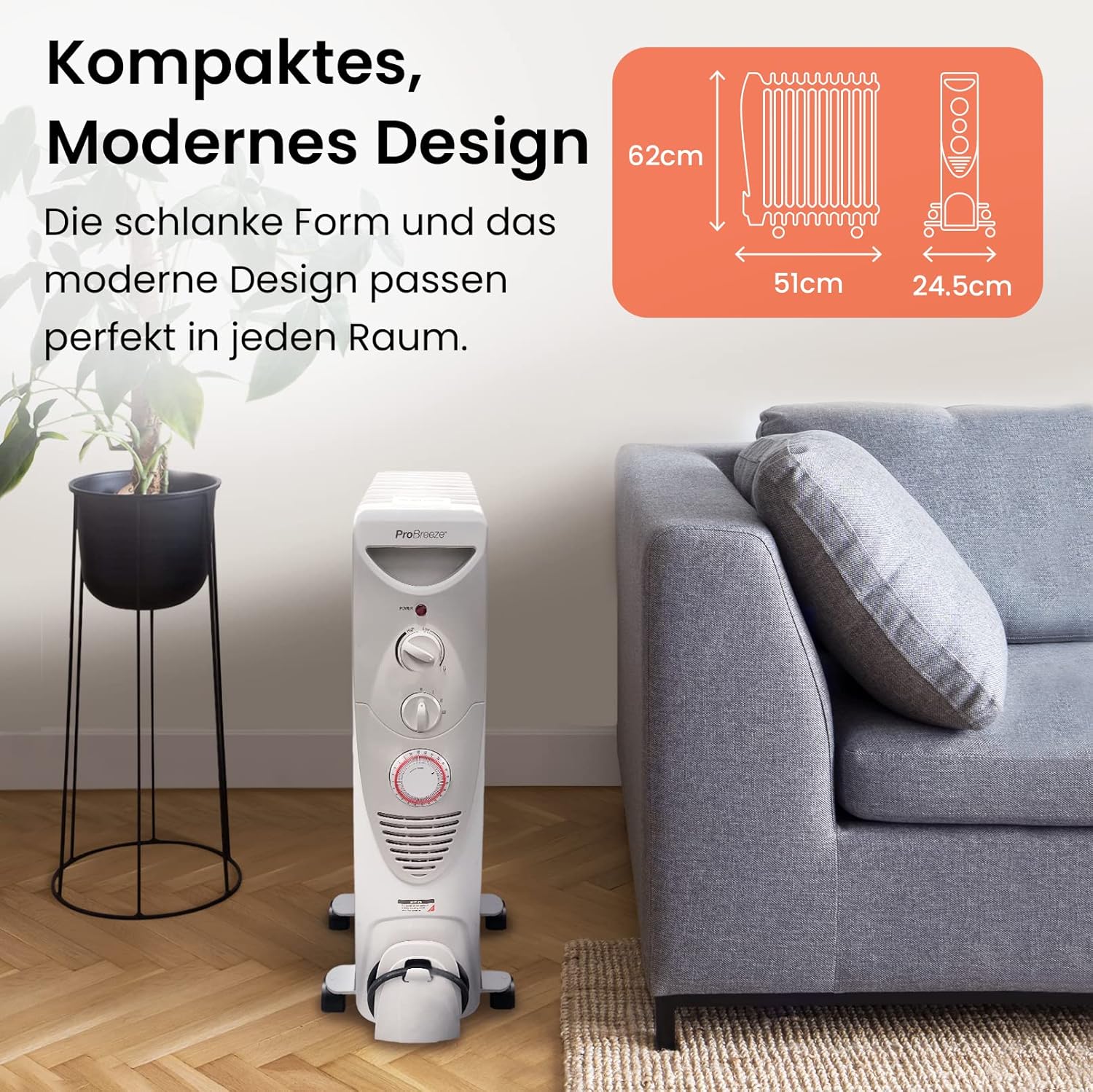 Pro Breeze 2500W Ölradiator energiesparend - Elektro Heizkörper mit 11 Rippen, integrierter Zeitschaltuhr, 3 Heizstufen, regulierbaren Thermostat und Sicherheitsabschaltfunktion