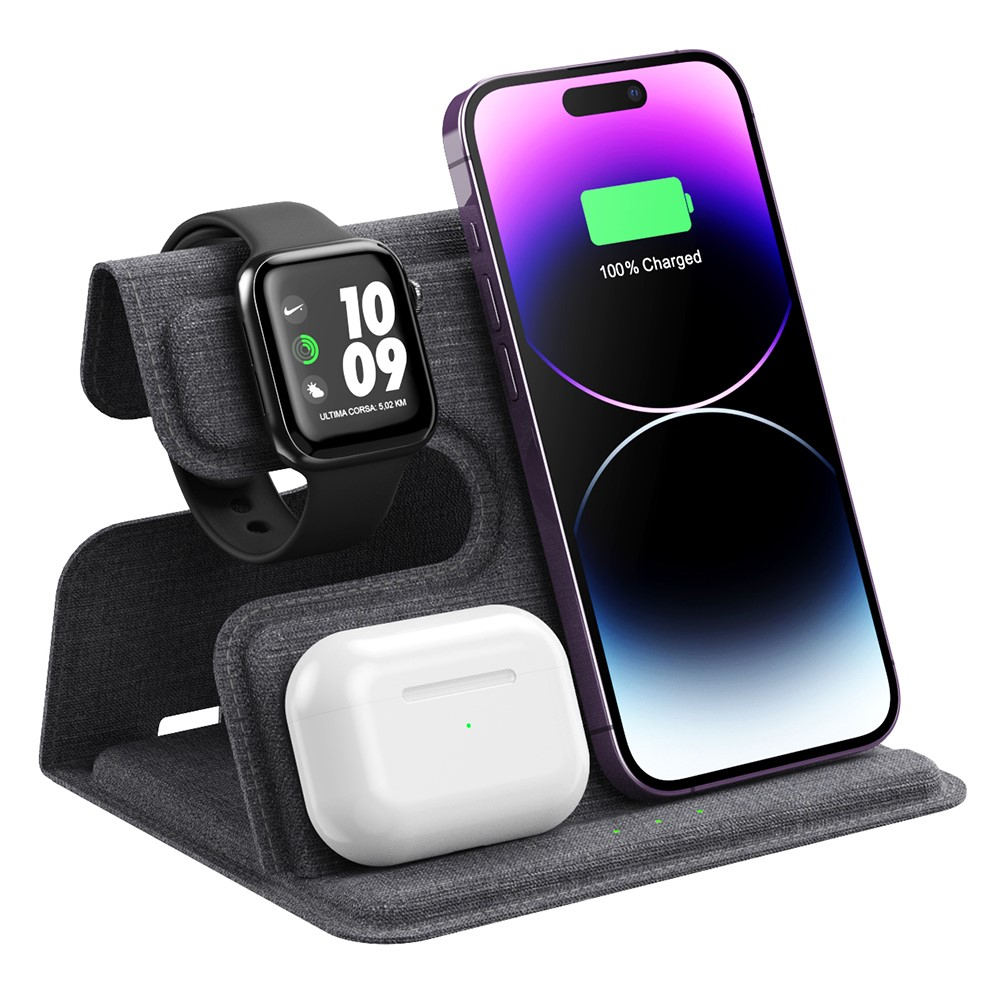 (15W) 3in1 Ladegerät Qi Wireless Charger Faltbare Ladestation für Smartphone / Apple Airpods / Apple Watch - Schwarz
