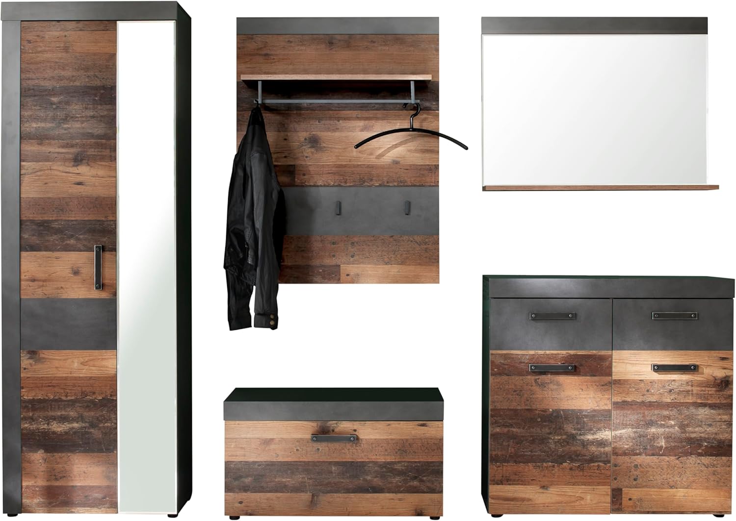 trendteam smart living - Indy - Garderobenkombination - Eiche/Grau - Garderobenschrank, Sitzbank, Paneel, Schuhschrank, Spiegel - (BxHxT) 265 x 192 x 37 cm - antikfarbene Griffe