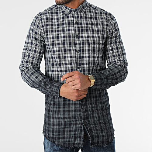 Chemise Manches Longues A Carreaux G1007 Bleu Marine Blanc