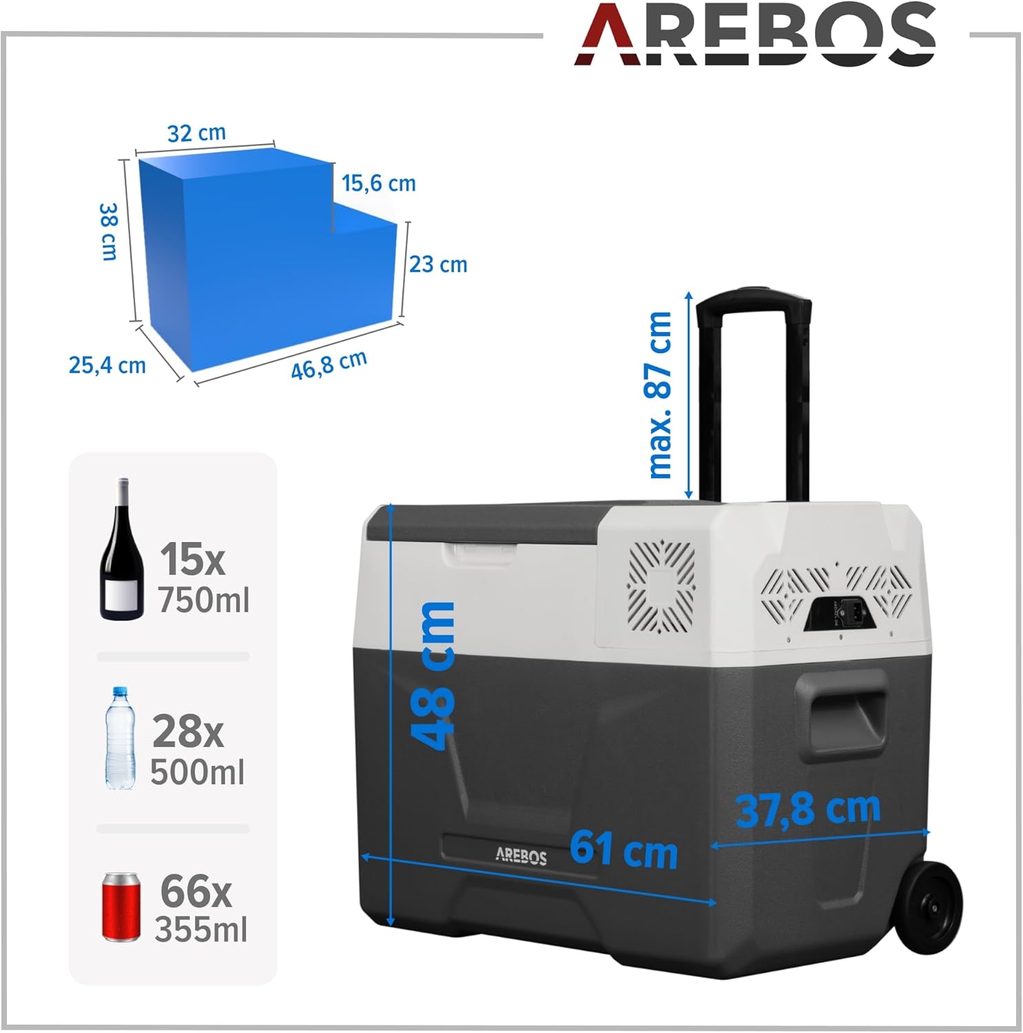 Arebos Kompressor Kühlbox mit Rollen 39 Liter | Elektrische Gefrierbox mit APP & Smart-Steuerung | Mobile Kühltruhe mit USB-Anschluss | bis -20 °C | 12/24 V 230V | für Auto,LKW,Camping,Boot,Wohnmobil