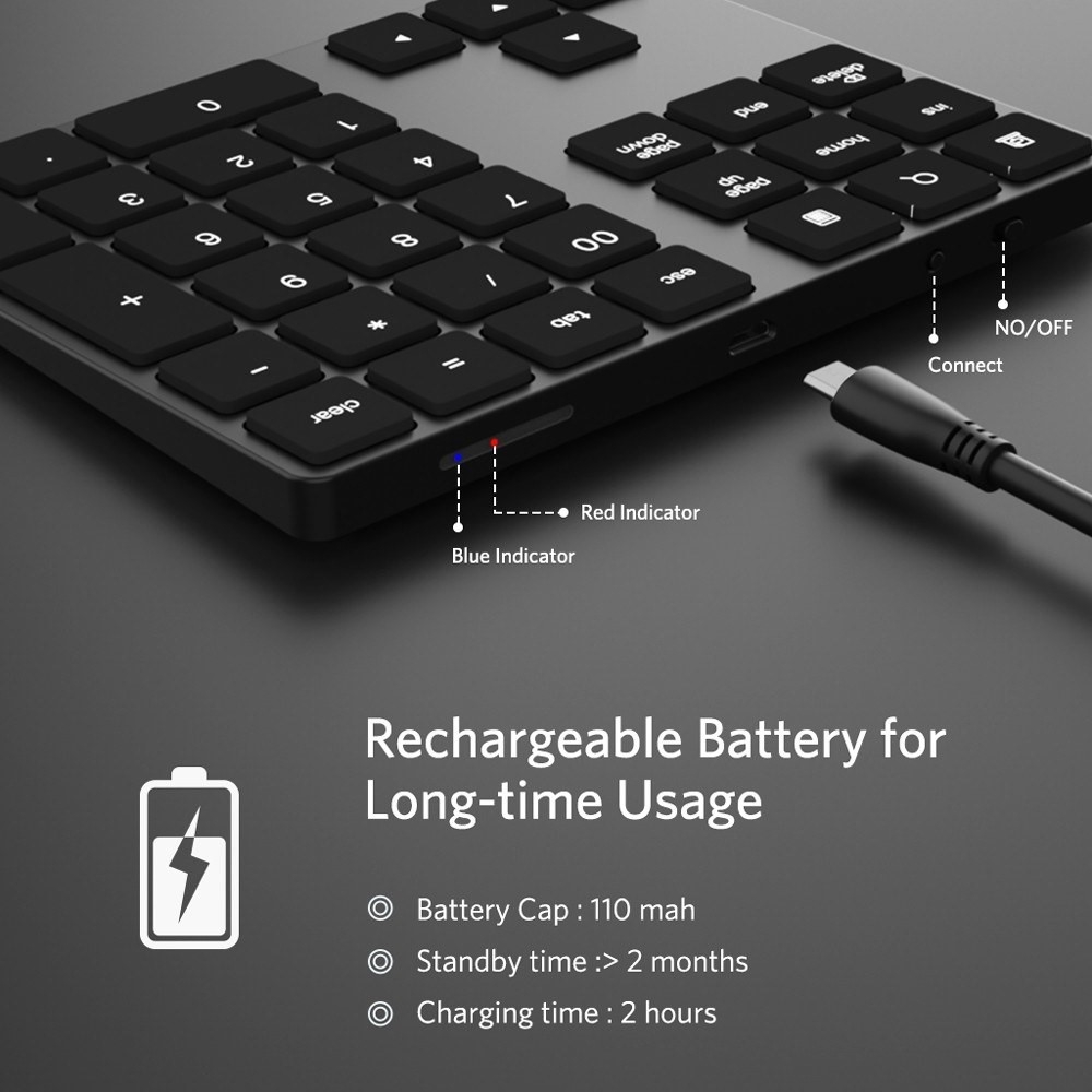 Aluminium Bluetooth Tastatur Keypad Zahlenblock 34-Tasten (Windows/iOS/Android) - Schwarz
