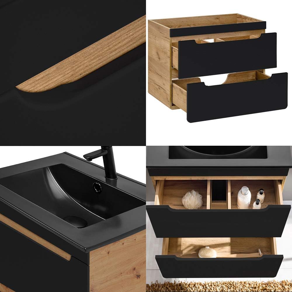 Lomadox Badmöbel Set 4-teilig, seidenmatt anthrazit & Wotan Eiche Nb., Badezimmer Komplettset: Spiegelschrank, Waschtisch mit Unterschrank, 2 Hochschränke