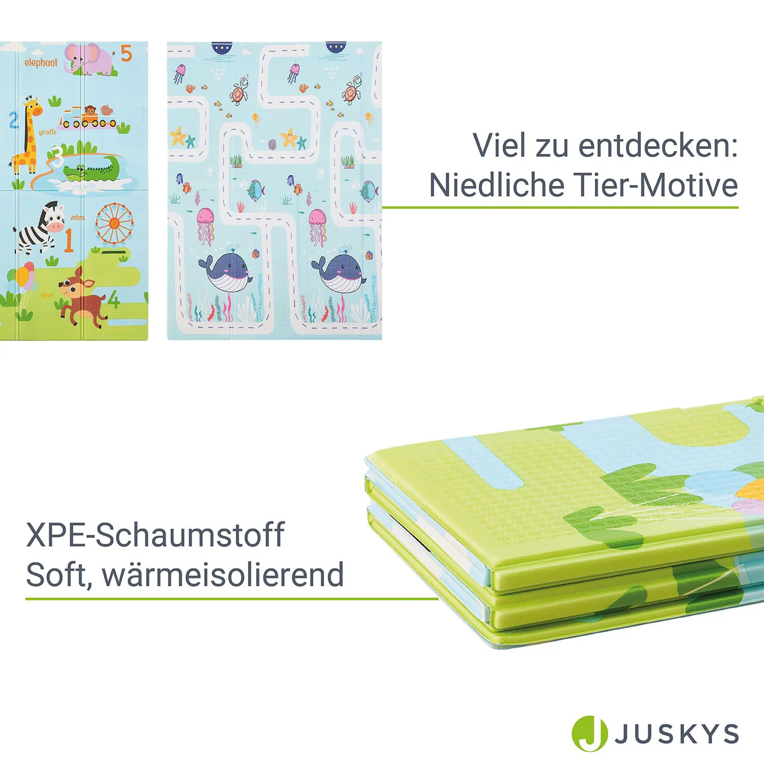 Juskys Kinder Spielmatte Stella 180x200 cm Tiere - XXL Matte Schaumstoff - faltbar & soft - Blau