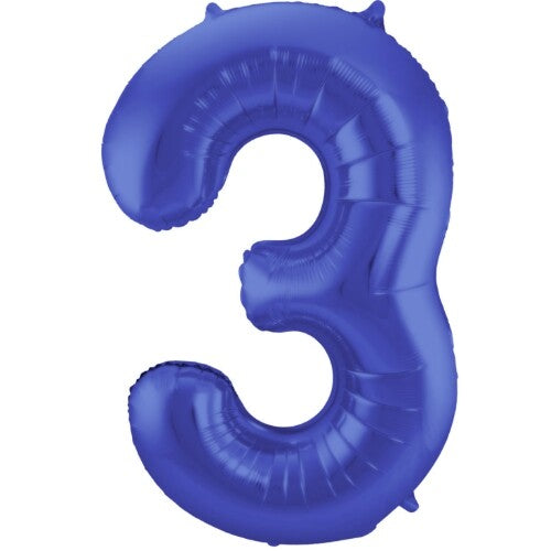 Cijferballon drie - metallic matblauw - 86 cm