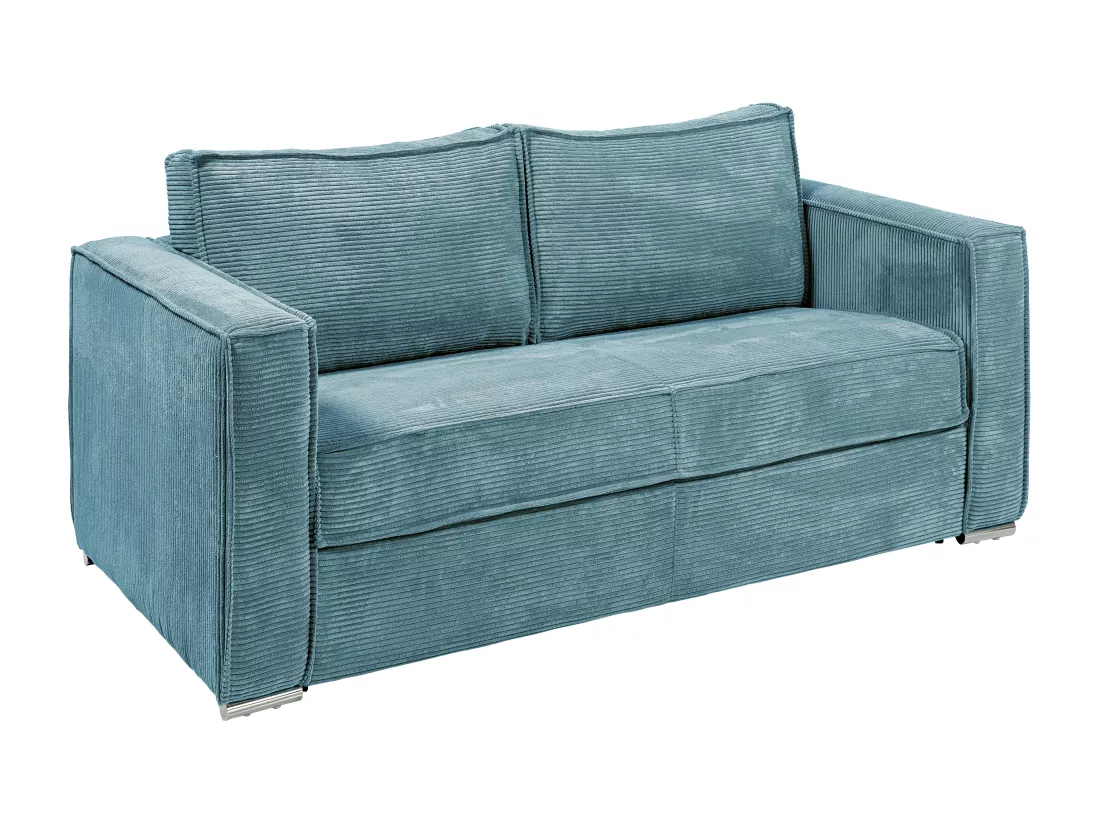 Canapé 3 places convertible express en velours côtelé bleu turquoise - Couchage 140 cm - Matelas 14 cm LORETO