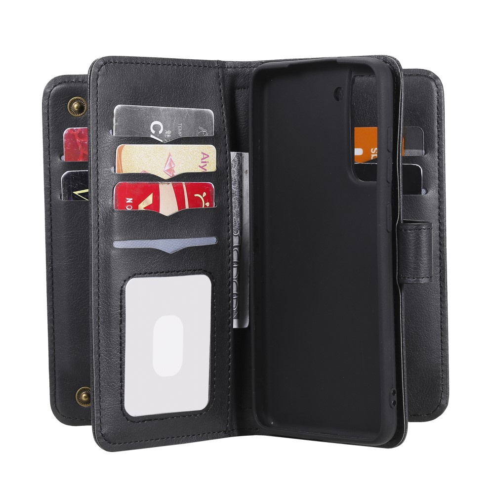 Samsung Galaxy S21 FE 5G Leder Wallet Etui Tasche mit 10 Kartenfächern - Schwarz