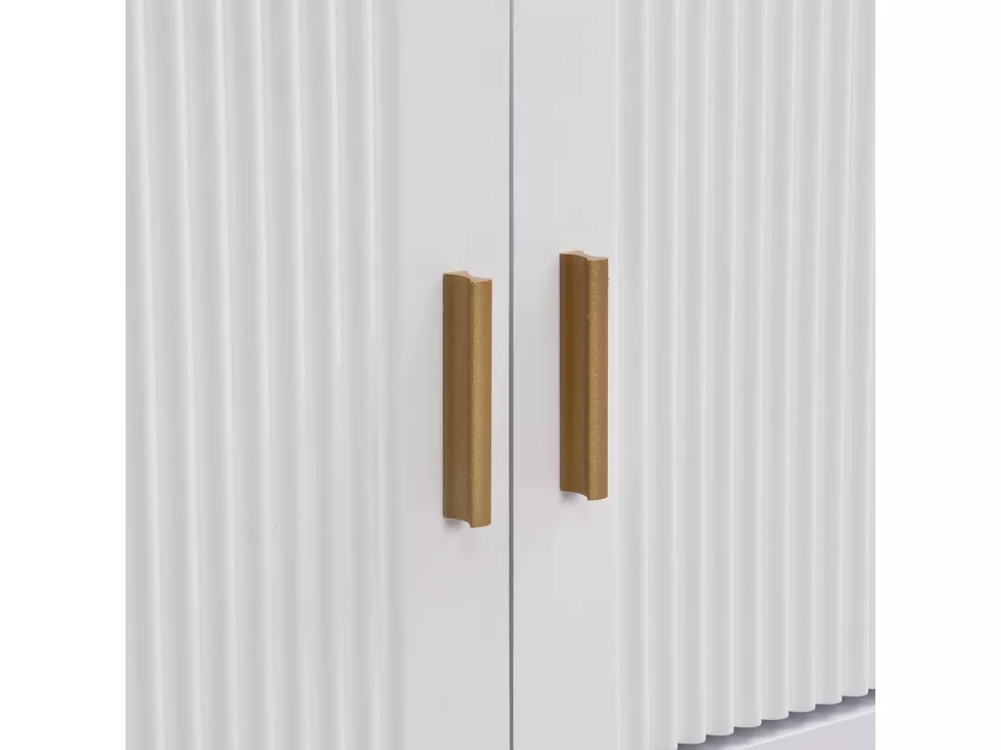 Meuble TV 175x30x46cm, panneau bas avec porte texturée, iroirs, poignées dorées et pieds dorés, blanc