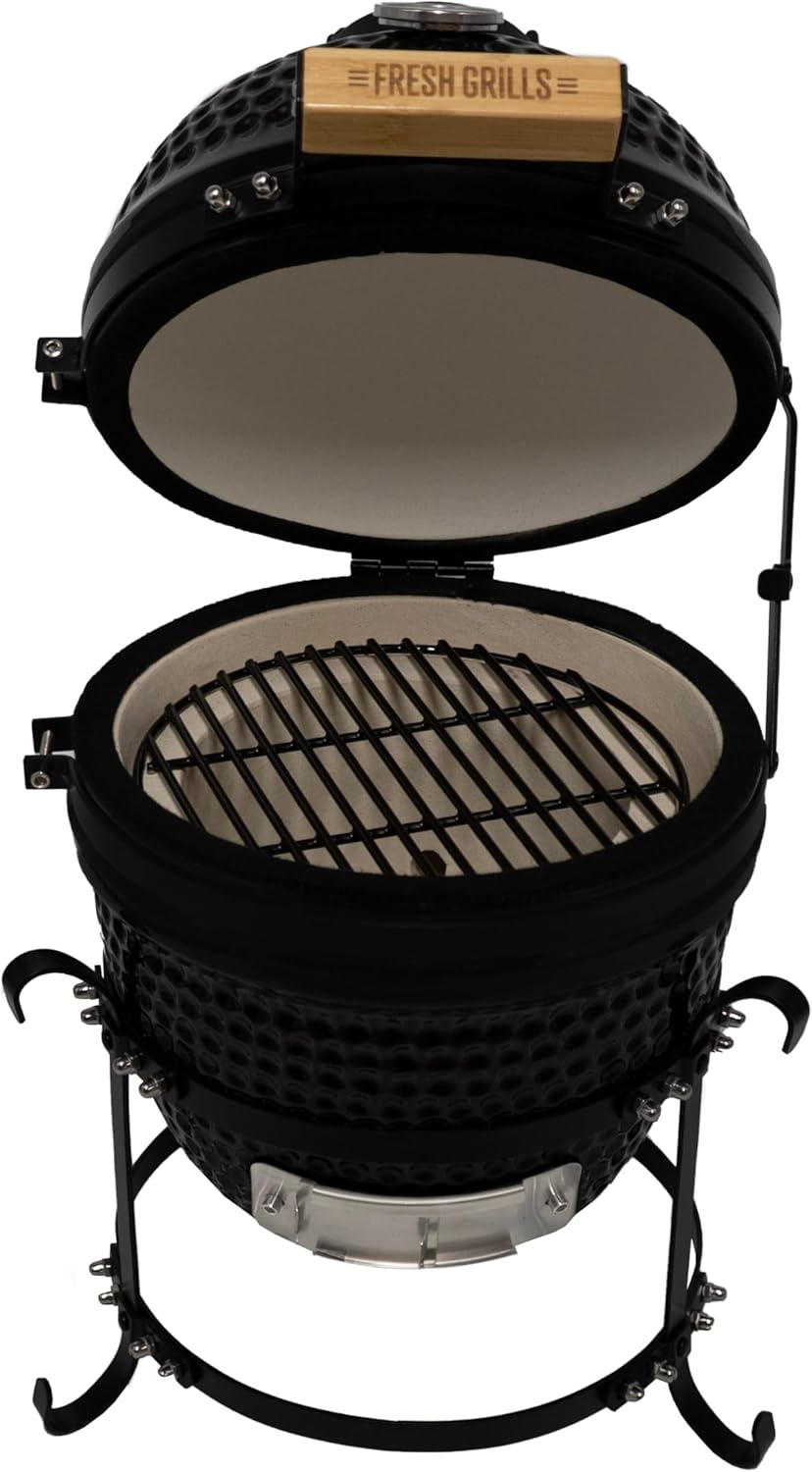 Fresh Grills 33cm Kamado Keramikgrill | Schwarz Holzkohlegrill BBQ Mini Ofen | Thermometer, Holzgriff, Oberer & Unterer Luftstrom | Outdoor Garten Grillen Garen Räuchern Smokern [mit Standfüßen]