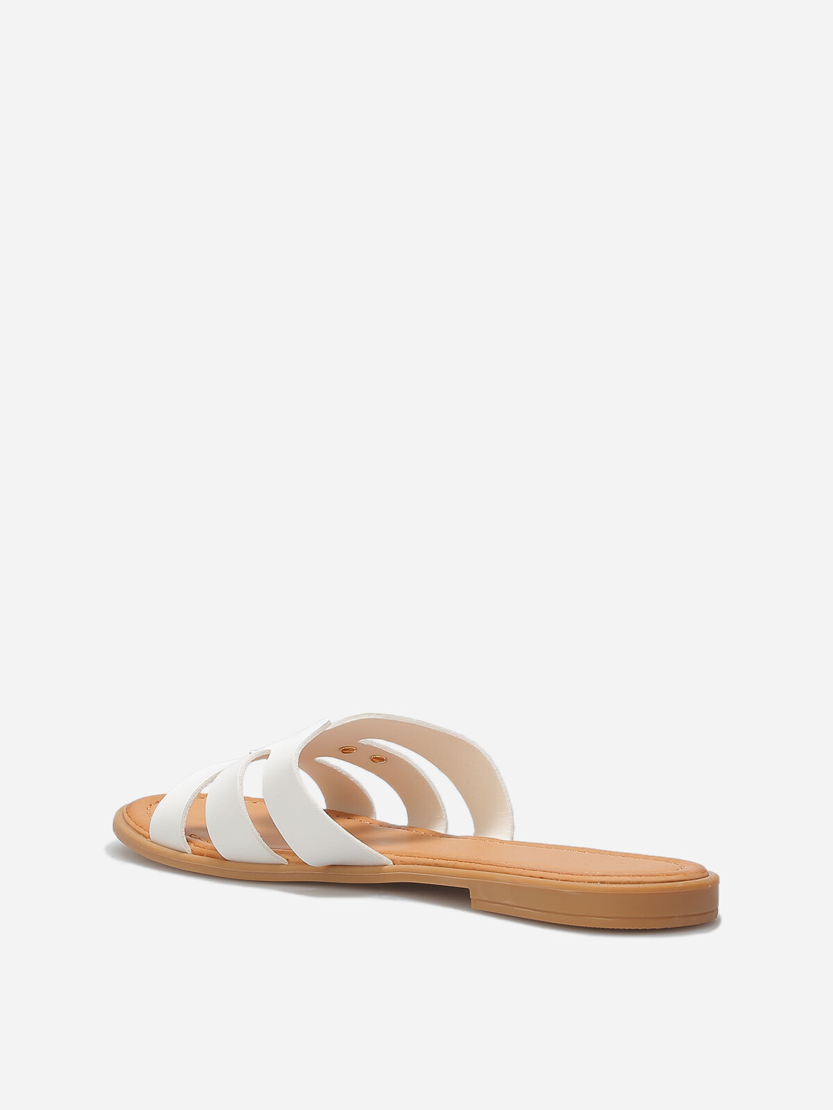 Mules plates en simili à détail métallique- Blanc