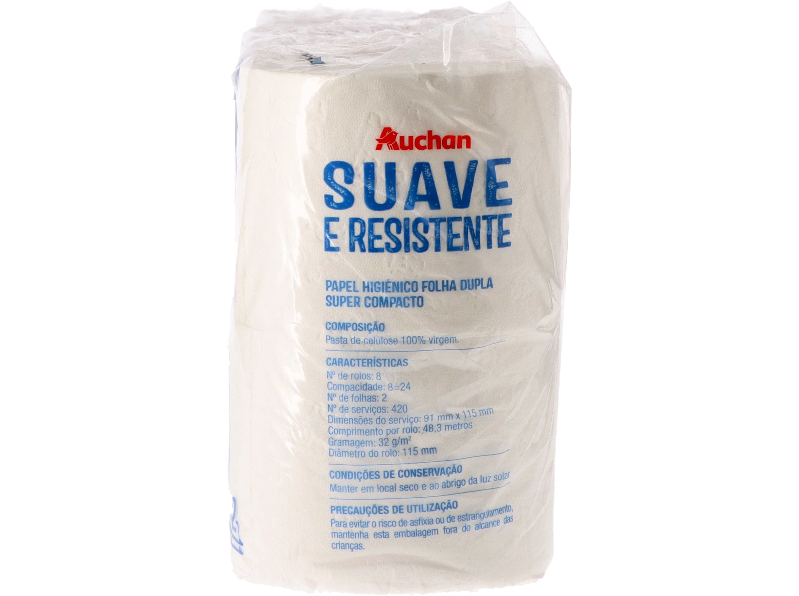 PAPEL HIGIÉNICO AUCHAN SUAVE E RESISTENTE FOLHA DUPLA SUPER COMPACTO 8 ROLOS = 24 ROLOS
