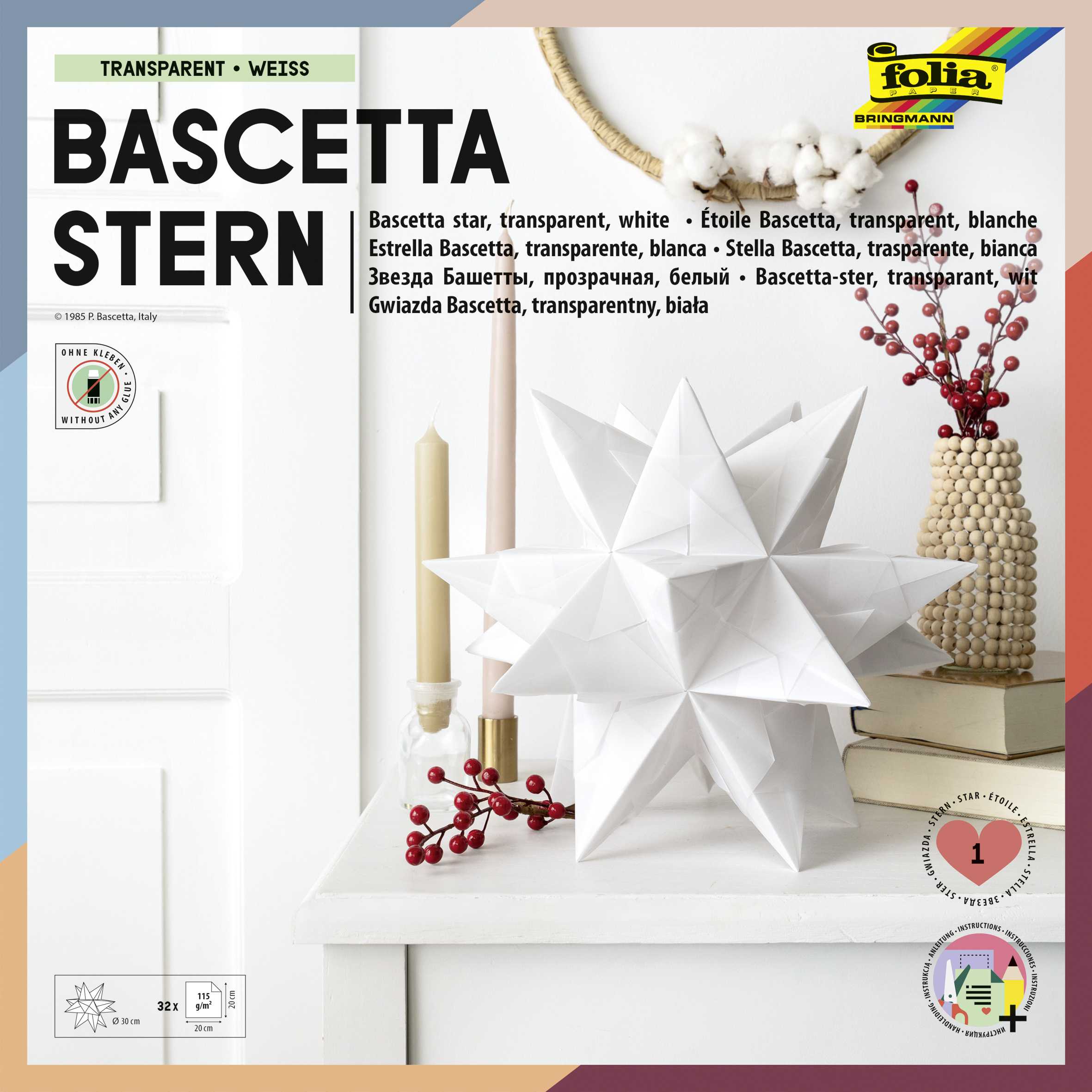 Folia Bascetta Stern-Set 20 x 20 cm 115 g/m² weiß/transparent 32 Blatt