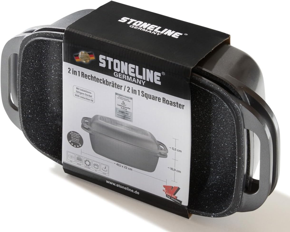 STONELINE Aluguss Bräter mit Deckel 43x26 cm, 8,4 L Bräter Induktion Backofengeeignet Für alle Herdarten, Deckel als Auflaufform verwendbar, Topf Antihaft Beschichtet mit echten Steinpartikeln, Grau